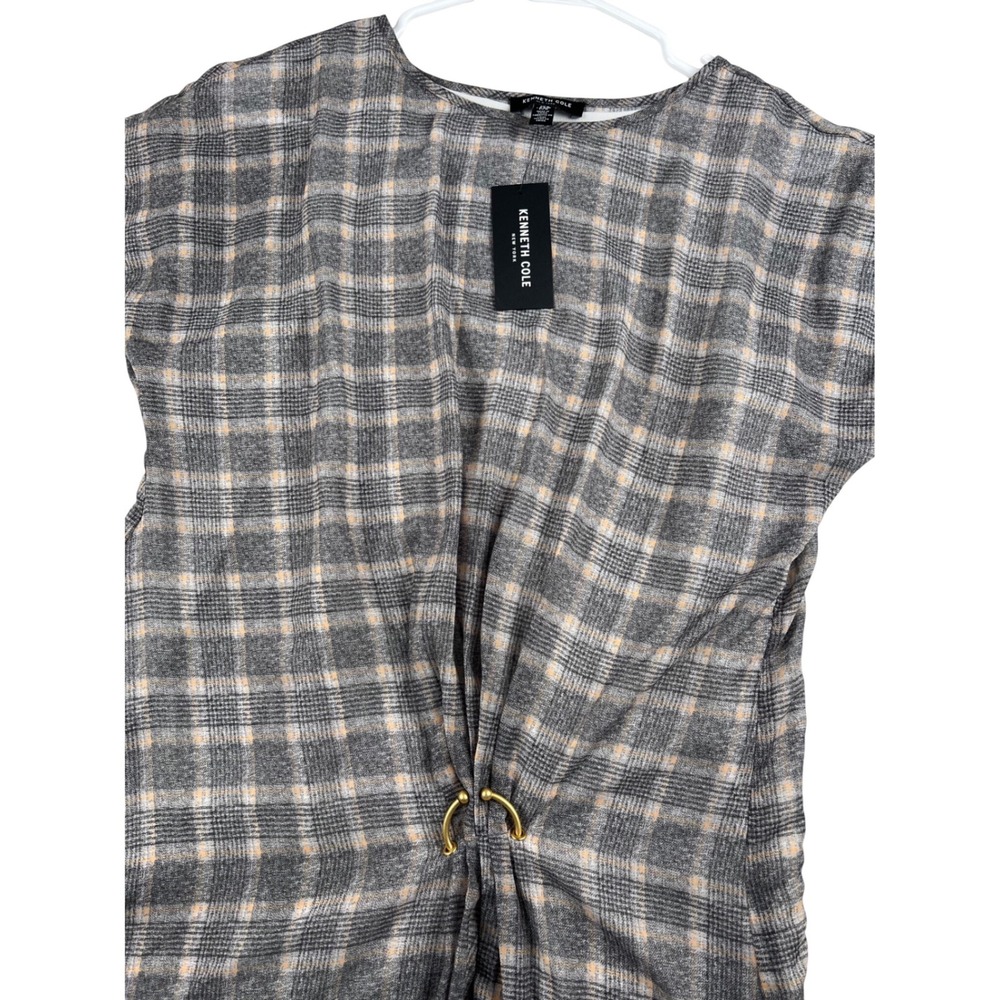 NWT Kenneth Cole Plaid Asymmetrical Midi Dress Gold Ring Detail Women's Medium